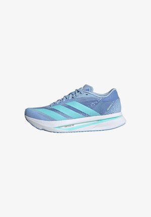 Lightweight running shoe in light blue with darker blue and aqua stripes. Features mesh upper, cushioned white sole, and minimalistic design.