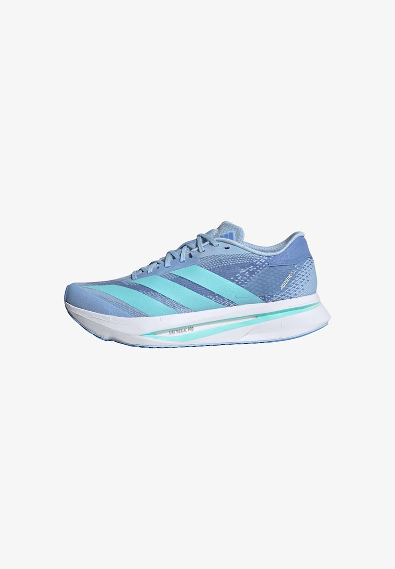 Lightweight running shoe in light blue with darker blue and aqua stripes. Features mesh upper, cushioned white sole, and minimalistic design.