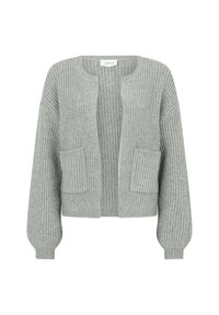 Cardigan en tricot gris avec un col rond, devant ouvert, texture côtelée et deux poches avant. Manches longues, légèrement bouffantes.