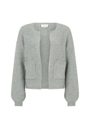 Grauer Strickcardigan mit runder Halslinie, offener Vorderseite, geripptem Muster und zwei vorderen Taschen. Lange, leicht puffige Ärmel.