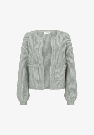 Cardigan grigio lavorato a maglia con scollo rotondo, apertura frontale, texture a coste e due tasche frontali. Maniche lunghe e leggermente a sbuffo.