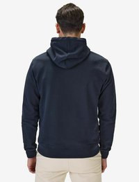 Marinblå bomullshuvtröja med dragsko, långa ärmar, ribbad mudd och nederkant, med en slät yta och en avslappnad passform.