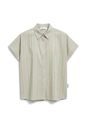 Kurzärmliges Hemd zum Knöpfen in Hellgrün mit vertikalen beige-weißen Streifen, klassischem Kragen und geradem Saum.