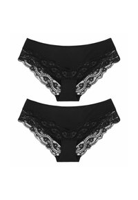 Black panties featuring a lace trim at the waist with floral patterns. Smooth fabric with a comfortable fit. Two similar pairs displayed.