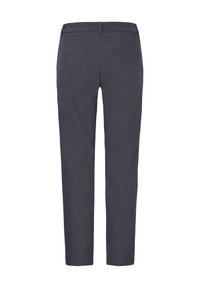 Dark gray tailored pants with a smooth texture, slim fit, and two back pockets. No visible hardware or additional detailing.