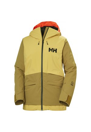 Chaqueta aislante con un diseño bicolor, amarillo y caqui. Cuenta con capucha, cremallera frontal y logotipo visible. Tejido texturizado con puños elásticos.