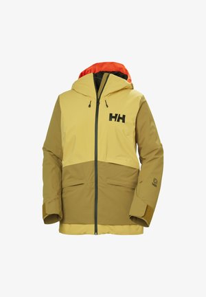 Chaqueta aislante con un diseño bicolor, amarillo y caqui. Cuenta con capucha, cremallera frontal y logotipo visible. Tejido texturizado con puños elásticos.