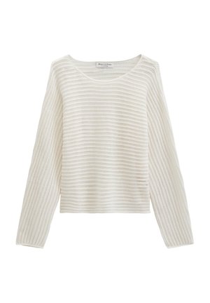 Biały dziergany sweter z długim rękawem, z poziomym wzorem ażurowym i okrągłym dekoltem, oznaczony marką Marc O’Polo.