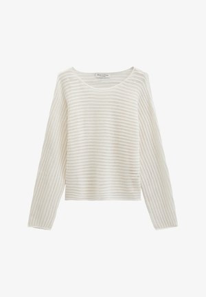 Weißer, gestrickter Pullover mit langen Ärmeln, horizontalem offenem Strickmuster und rundem Ausschnitt, mit dem Label Marc O’Polo.