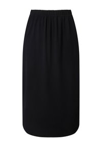 Jupe noire mi-longue à taille élastique avec ourlet arrondi, fabriquée en tissu lisse, présentée sur fond blanc.