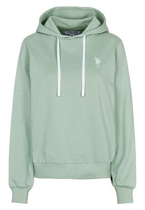 Jasnozielona bluza z kapturem US Polo Assn. z białymi sznurkami, długimi rękawami, ściągaczami i małym logo na lewej piersi.