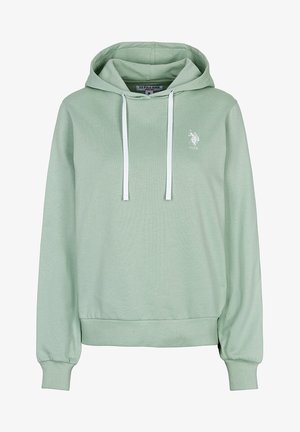 Jasnozielona bluza z kapturem US Polo Assn. z białymi sznurkami, długimi rękawami, ściągaczami i małym logo na lewej piersi.