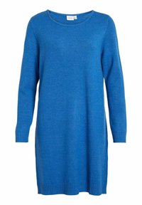 Abito a maglia blu con maniche lunghe, scollatura rotonda e orlo a coste. Texture morbida, silhouette leggermente over-size per il massimo comfort.