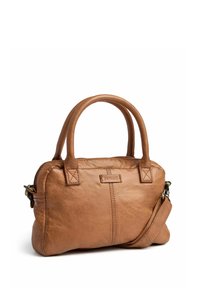 Borsa in pelle marrone con manici superiori doppi e tracolla rimovibile. Presenta una chiusura con zip, dettagli di cucitura delicati e logo.