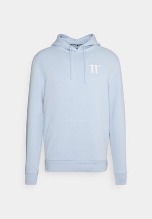 Světlomodrá mikina s kapucí, přední kapsou ve stylu klokánky a bílým logem "11°" na levé straně hrudi.