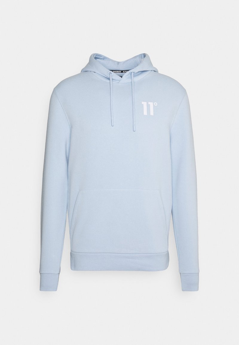 Vaaleansininen hupullinen collegepaita, jossa on etutasku ja vasemmassa rinnassa valkoinen "11°" -logo.