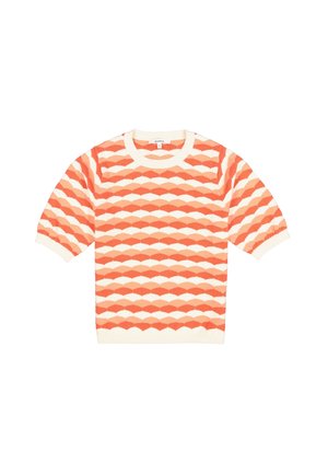Kurzärmeliges Sweatshirt mit einem gezackten orange-weißen Muster, aus Strickstoff gefertigt, mit rundem Ausschnitt und gerippten Bündchen.