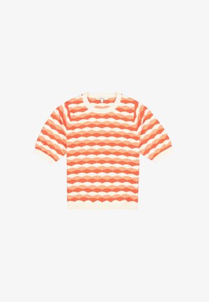 Pull à manches courtes présentant un motif festonné orange et blanc, fabriqué en tissu tricoté avec un col rond et des poignets côtelés.