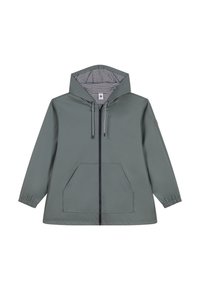 Olive green waterproof jacket with an adjustable hood, front zip, elastic cuffs, and a striped interior lining with a spacious front pocket.