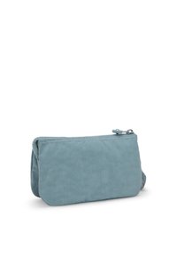 Light blue zippered pouch with a soft texture, rectangular shape, and contrasting stitching. Compact design suitable for small items.
