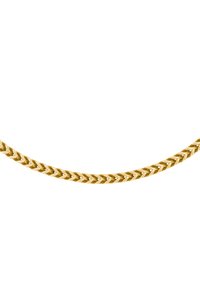 Collier en chaîne en or avec un design en arête de poisson, composé de maillons en forme de V entrelacés, finition polie et texture lisse.