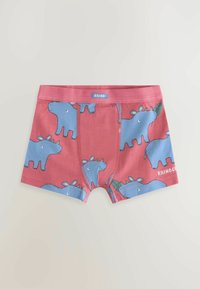 Mutande boxer per bambini, tessuto rosa con motivi di rinoceronte blu, vita elastica, texture liscia e logo stampato sulla parte frontale.
