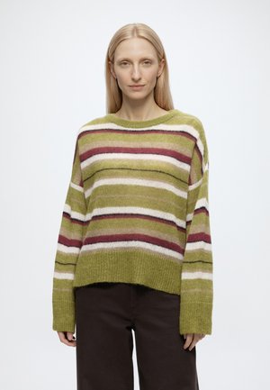 Femme aux cheveux blonds raides portant un pull à rayures vertes, blanches et bordeaux et un pantalon foncé, debout devant un fond uni clair.