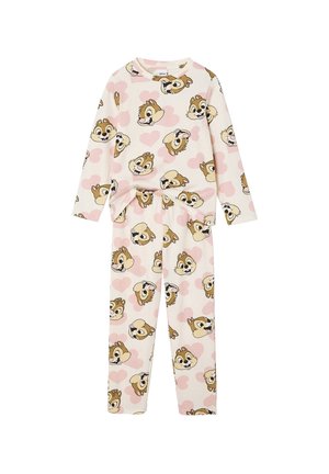 Langärmliges rosa Pyjama-Set mit wiederholenden Chipmunks-Gesichtern auf cremefarbenem Hintergrund, versehen mit Herzmustern. Hergestellt aus weichem Stoff.
