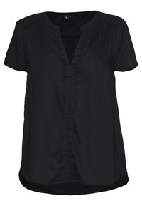 Blusa nera a maniche corte con scollo a V e chiusura a bottoni. Presenta dettagli arricciati sulle spalle e un orlo curvo per una vestibilità ampia.
