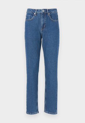 Jeans in denim blu con un design a gamba dritta, caratterizzati da vita alta, tasche anteriori e cuciture visibili lungo le cuciture.
