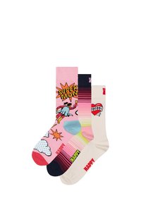 Tři páry ponožek do kotníků: růžové s komiksovým designem, námořnické pruhované s barevným blokem a krémové s grafickým srdíčkem. Měkká pletená látka, různé vzory.