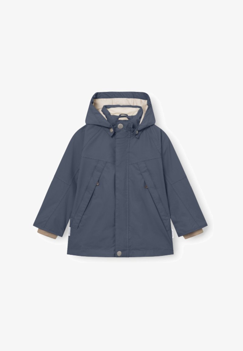 Navy blue hooded rain jacket with a cream lining, two front pockets, fastened with snaps, featuring a relaxed fit and textured fabric.