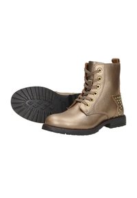 Metalen gouden enkellaarzen van gestructureerd leer, ronde neus, zes oogjes, gouden hardware en studaccenten op de hak. Rubberzool.