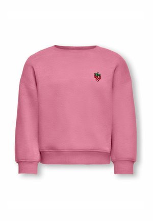 Pink crewneck sweatshirt with long sleeves and a small embroidered red strawberry with green leaves on the left chest.
