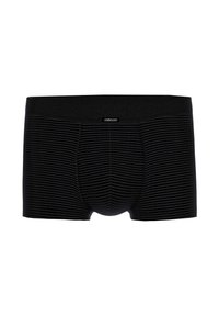 Black cotton boxer briefs featuring a horizontal striped pattern, a fitted design, elastic waistband, and a logo on the front.