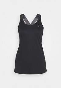 Débardeur athlétique noir sans manches avec des bretelles croisées camouflage et un logo Nike blanc à l'avant, présenté sur un fond blanc uni.