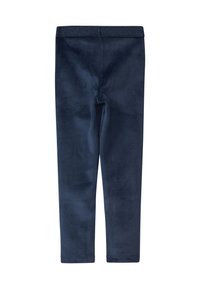 Navy blue soft fabric leggings with an elastic waistband, designed for a close fit.