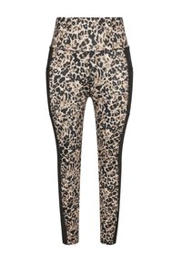Leggins leopardikuosi korkealla vyötäröllä; kangas yhdistää beigeä, mustaa ja metallisia yksityiskohtia; kiinteät mustat sivupaneelit; sovitettu malli.