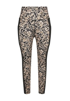 Luipaardprint leggings met hoge taille; stof combineert beige, zwart en metallic accenten; effen zwarte zijpanelen; getailleerd ontwerp.