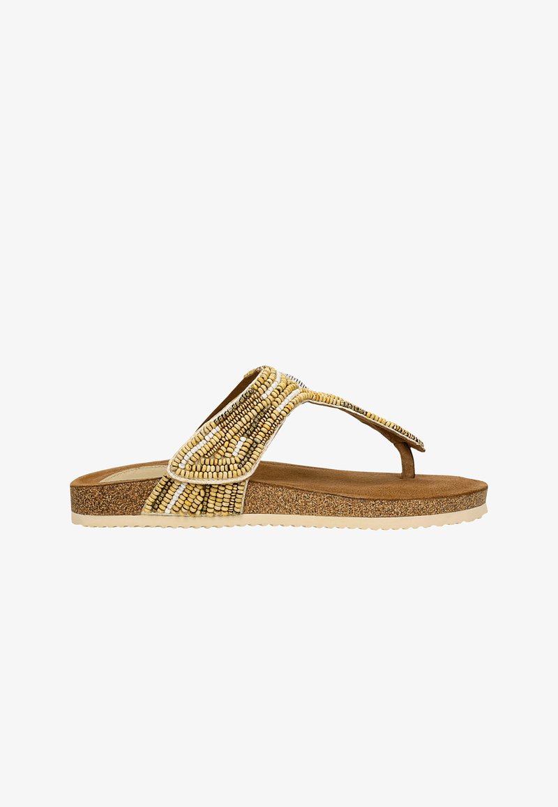 Žluté a hnědé sandály s aplikací korálků a korkovou podrážkou, vybavené strukturovanou stélkou a dekorativním designem pásku.