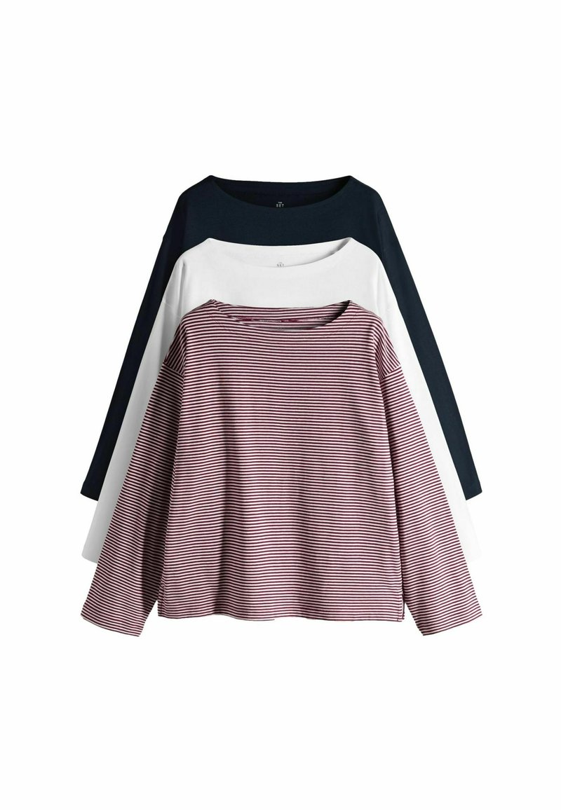 Kolmepikksvarrukaline T-särk: üks tumelilla, üks valge ja üks bordoopunane valgete triipudega. Pehme kangas, lõdvestunud istuvus, paadikaeluse ja langevate õlgadega.