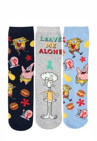 Three pairs of cartoon-patterned socks: dark blue with SpongeBob and friends, gray with "LEAVE ME ALONE," light blue with colorful characters.