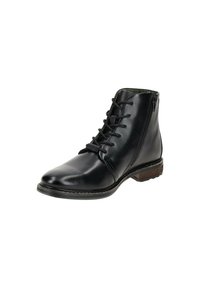 Schwarze Leder-Ankle-Boots mit Schnürdesign und seitlichem Reißverschluss. Sie verfügen über eine runde Zehenpartie und einen Holzabsatz für zusätzlichen Halt.