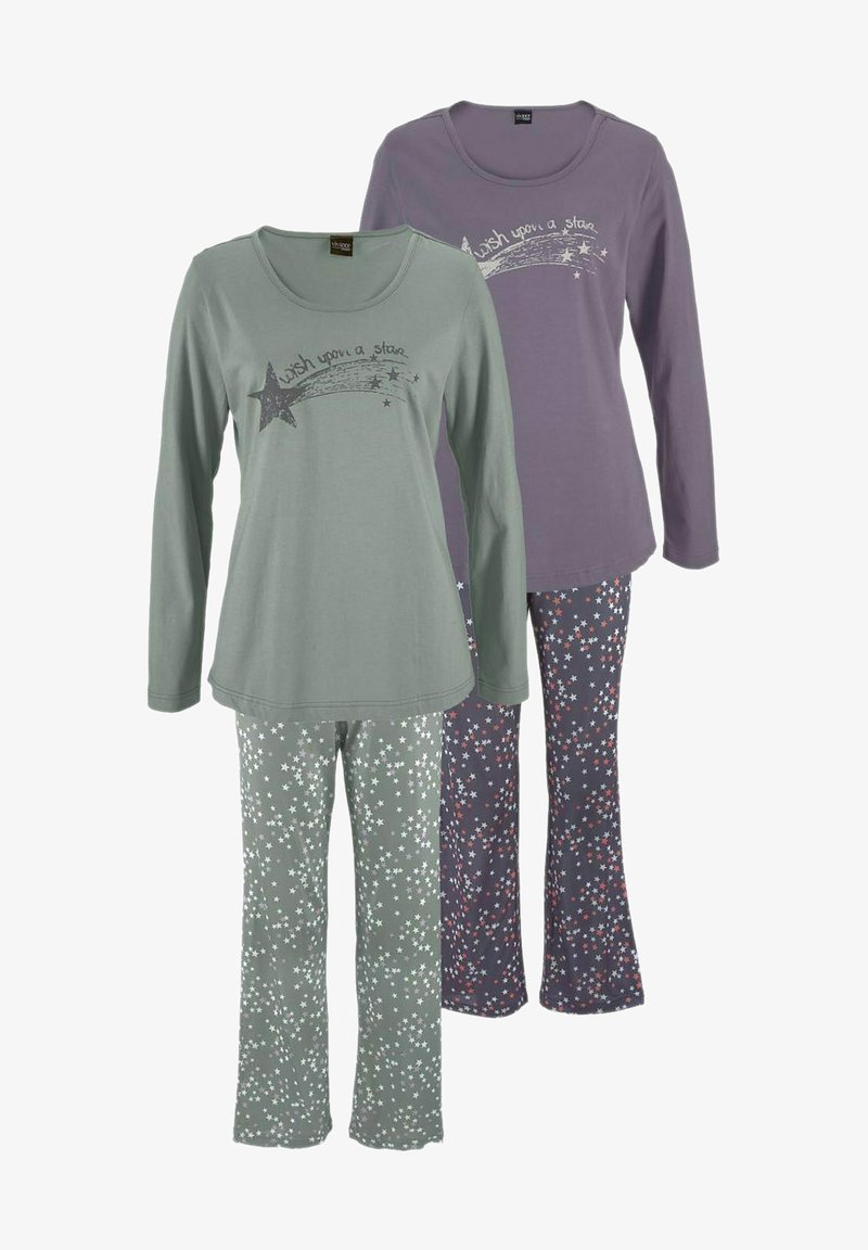 Two sets of women's loungewear: long-sleeve tops in sage green and purple with star graphics, paired with pajama pants featuring star patterns.