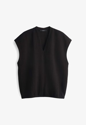 Schwarzes ärmelloses Oberteil mit V-Ausschnitt, strukturiertem Stoff und lockerer Passform. Verfügt über eine entspannte Silhouette und einen leicht abgerundeten Saum.