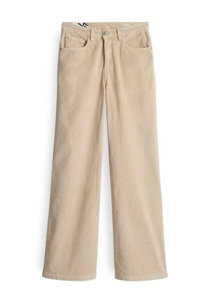 Pantalons amples en velours côtelé beige avec une texture à côtes verticales, quatre poches, passants de ceinture et fermeture à bouton à l'avant.