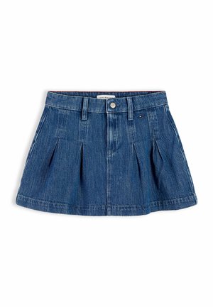 Blå denim plisseret mininederdel med bæltestropper, forreste knap og lille broderet logo på højre side.