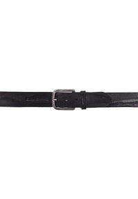 Cinturón de cuero negro con un acabado texturizado, que cuenta con una hebilla y un pasador de metal plateado, exhibiendo un diseño clásico y funcional.