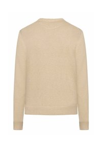 Beiger gestrickter Pullover mit rundem Ausschnitt, langen Ärmeln und gerippten Bündchen sowie Saum. Weiche Textur und einfaches, einfarbiges Design.