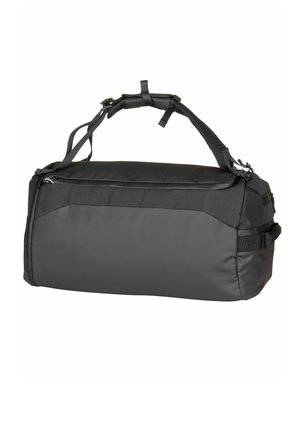 Bolsa de viaje rectangular negra con doble correa ajustable para el hombro, cierre superior con cremallera y asa lateral, diseñada para uso en viajes o deportes.